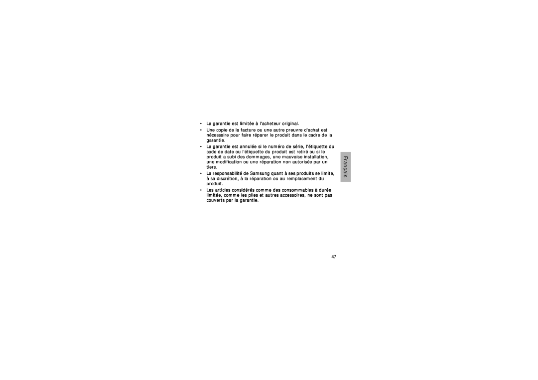 Samsung GH68-15048A manual Français, •La garantie est limitée à lacheteur original 