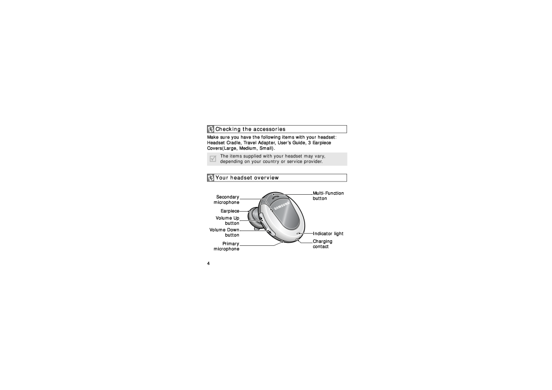 Samsung GH68-15048A manual Checking the accessories, Your headset overview 
