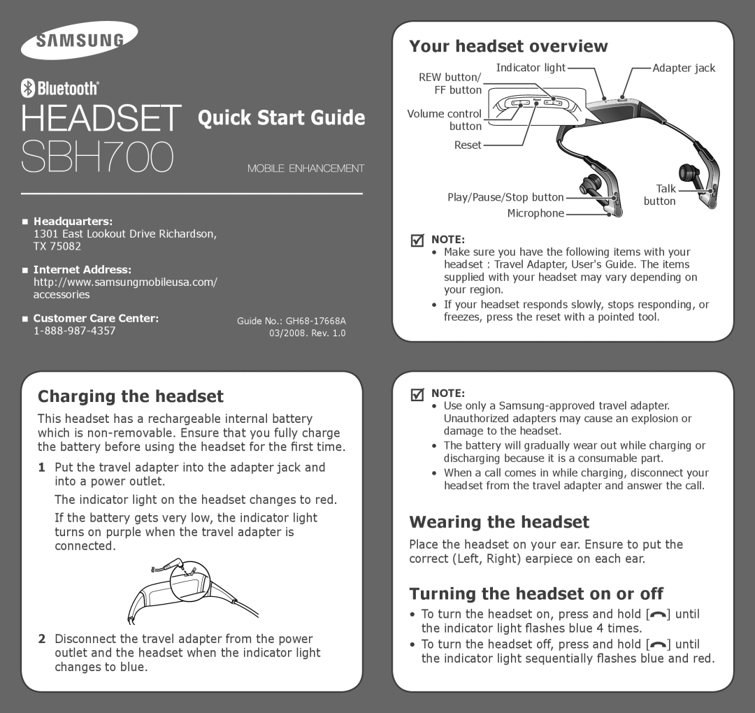 Samsung GH68-17668A manual Charging the headset, Your headset overview, Wearing the headset, Turning the headset on or off 