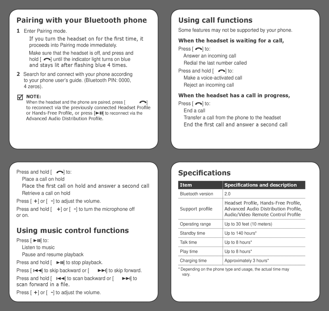 Samsung GH68-17668A Pairing with your Bluetooth phone, Using music control functions, Using call functions, Specifications 