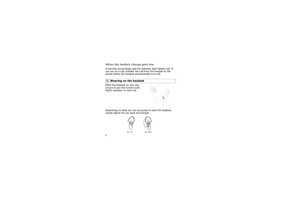 Samsung AWEP700JBE, GH68-17676A manual When the battery charge gets low, Wearing on the headset 