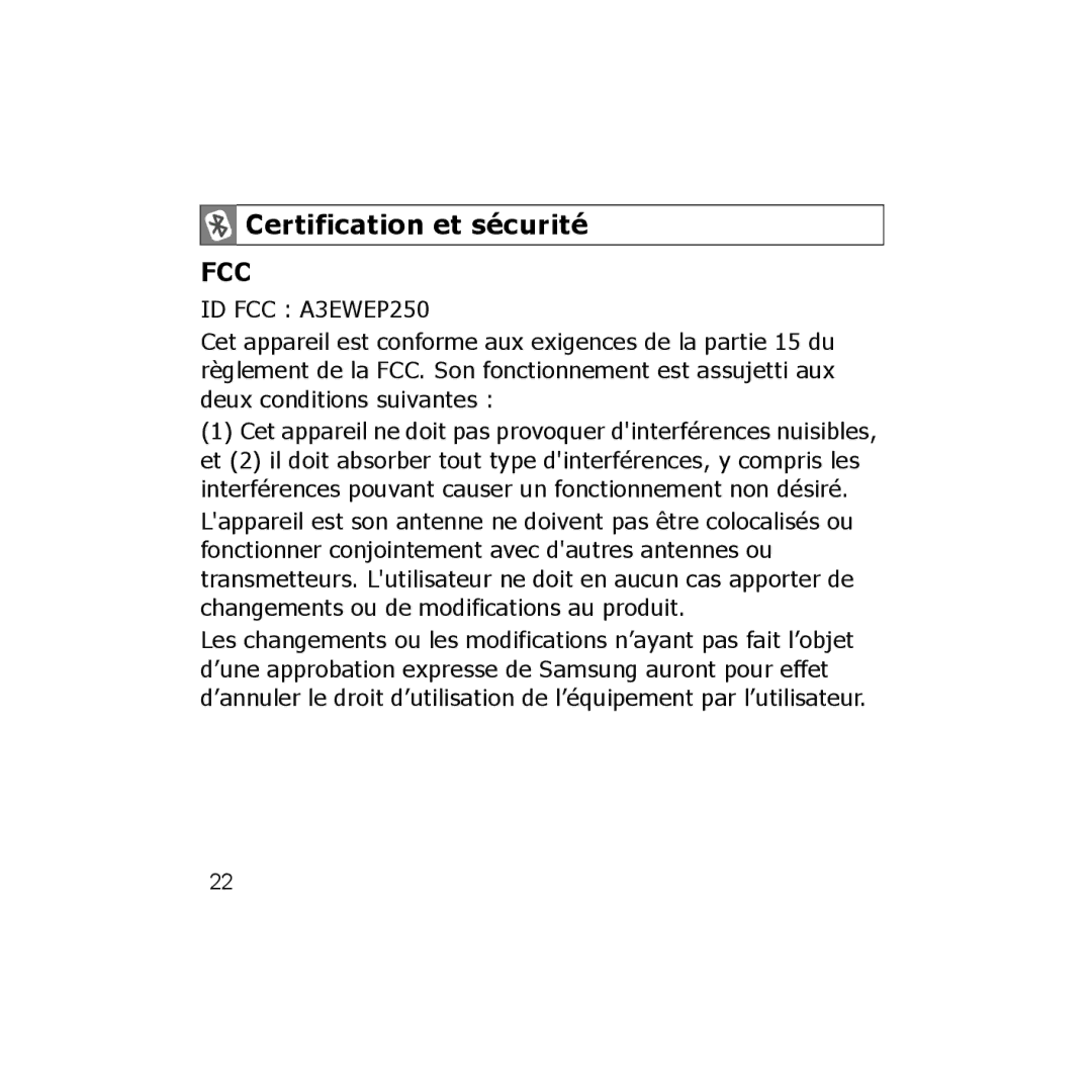 Samsung B013814, GH68-18474A, 7592A-WEP250 manual Certification et sécurité, ID FCC A3EWEP250 