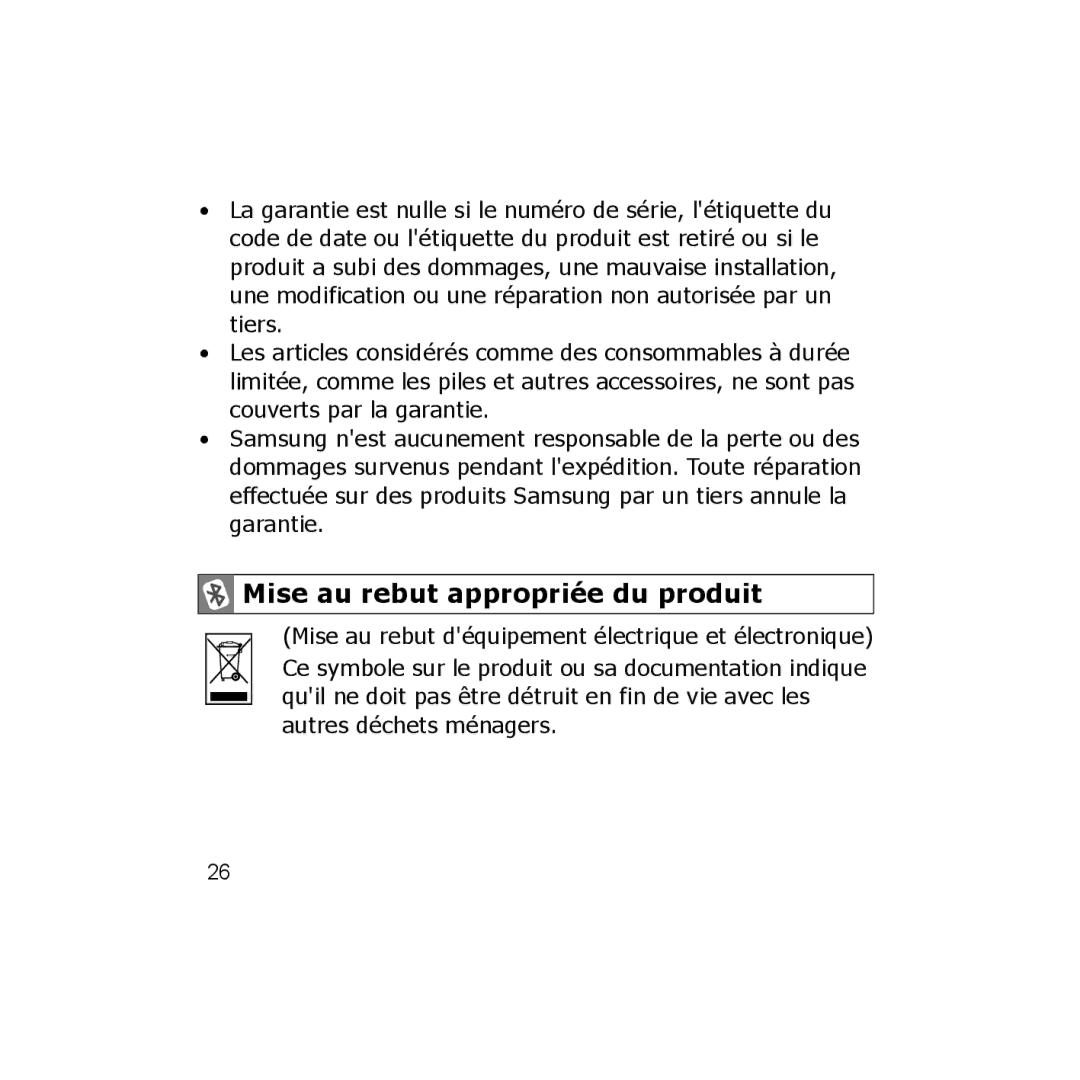 Samsung 7592A-WEP250, GH68-18474A, B013814 manual Mise au rebut appropriée du produit 