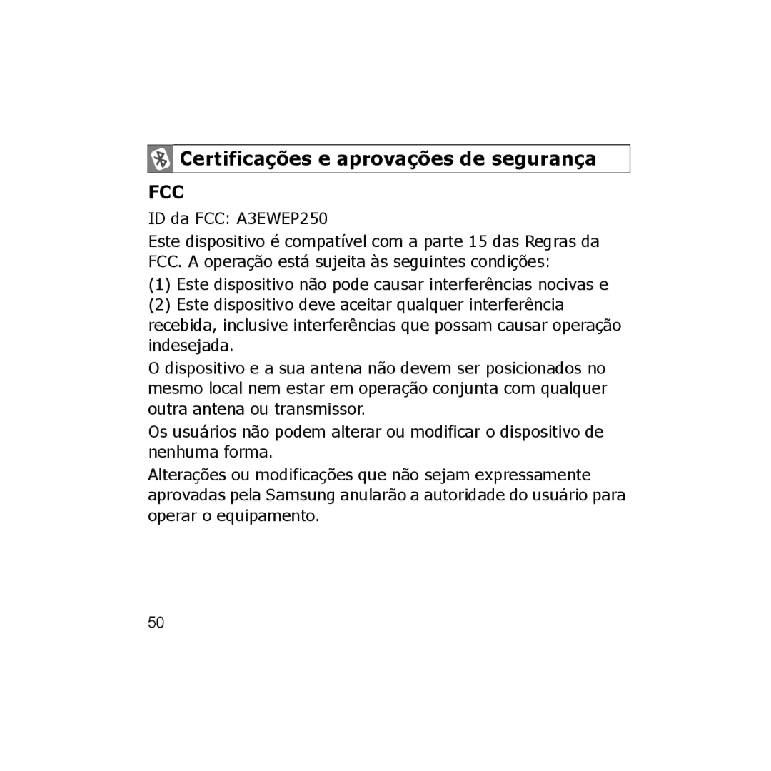 Samsung 7592A-WEP250, GH68-18474A, B013814 manual Certificações e aprovações de segurança, ID da FCC A3EWEP250 