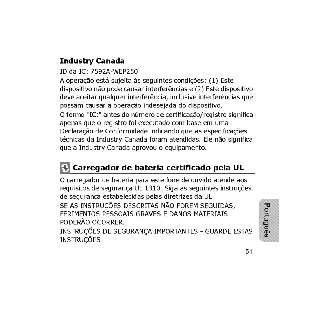 Samsung GH68-18474A, B013814 manual Industry Canada, ID da IC 7592A-WEP250 