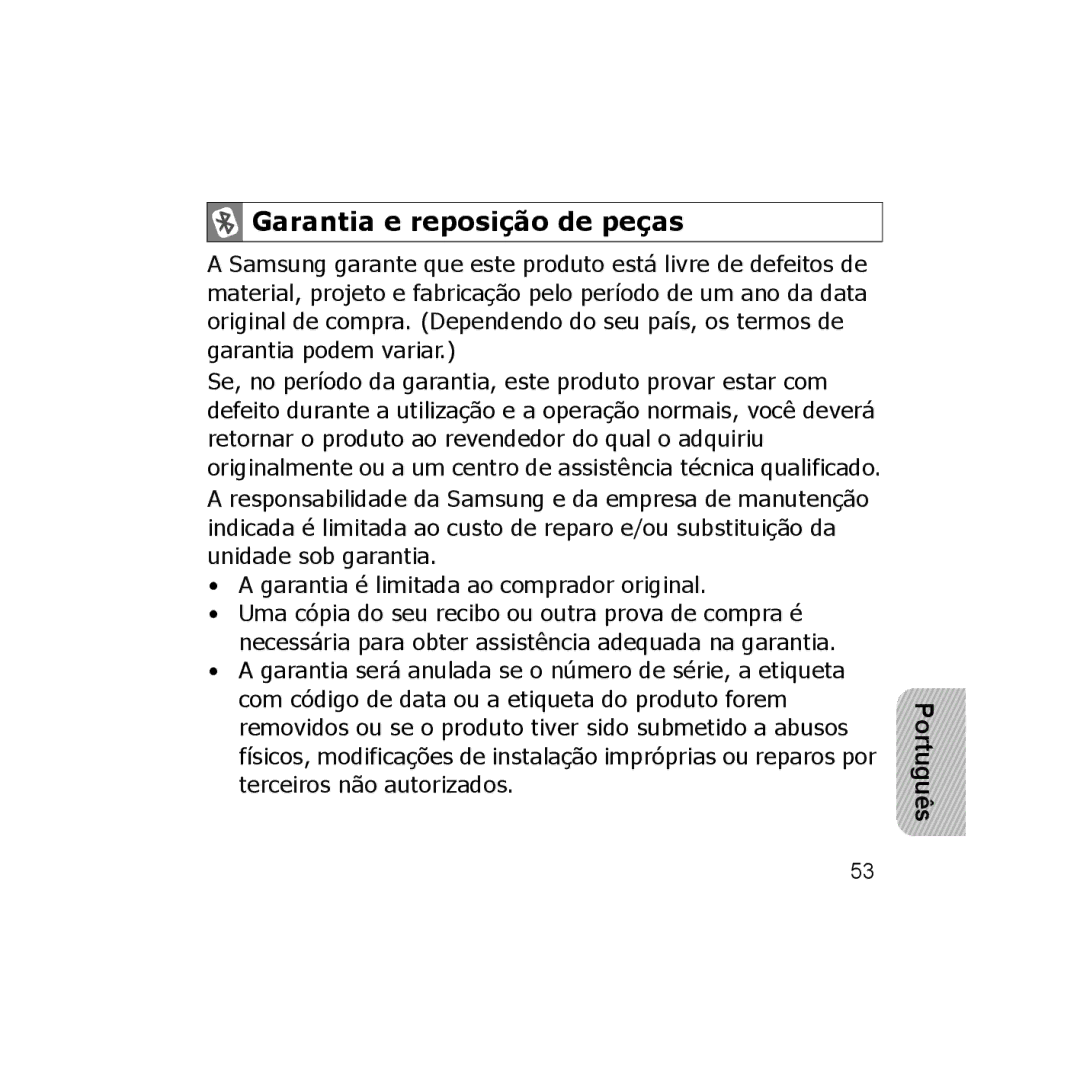 Samsung 7592A-WEP250, GH68-18474A, B013814 manual Garantia e reposição de peças 