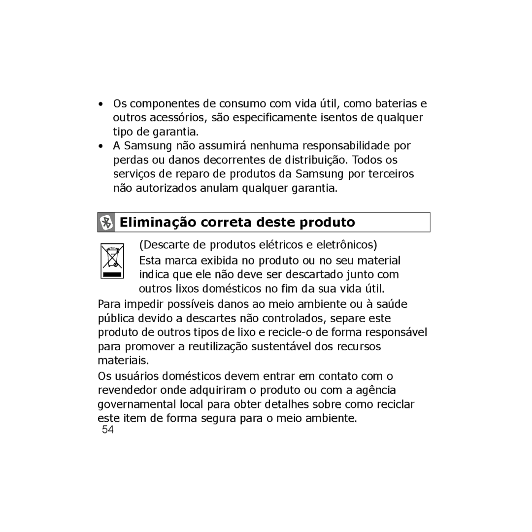 Samsung GH68-18474A, B013814, 7592A-WEP250 Eliminação correta deste produto, Descarte de produtos elétricos e eletrônicos 