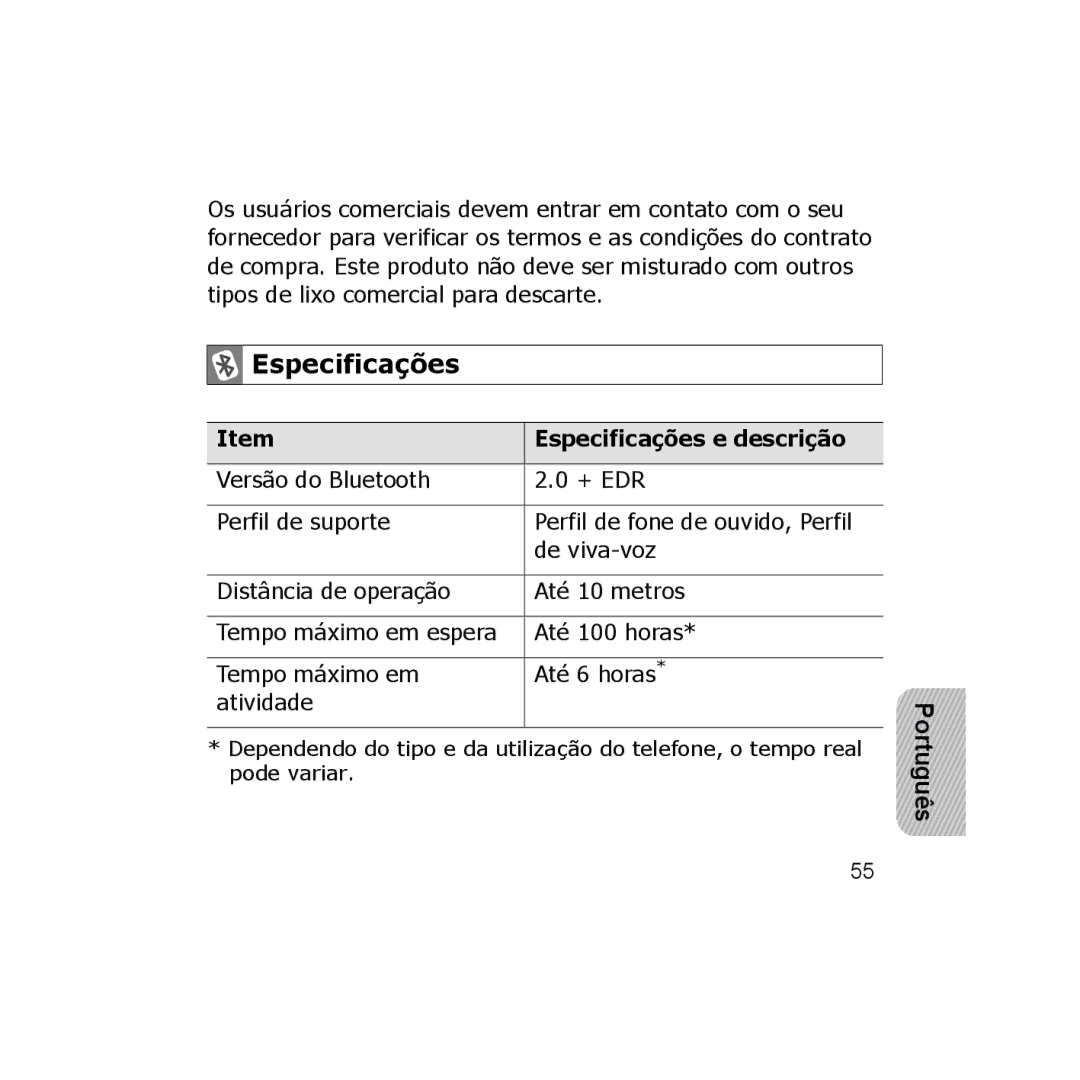 Samsung B013814, GH68-18474A manual Especificações, Versão do Bluetooth + EDR Perfil de suporte, De viva-voz, Até 100 horas 