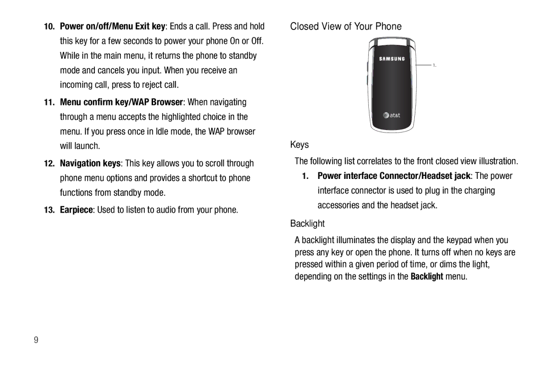 Samsung GH68-18879A user manual Closed View of Your Phone, Earpiece Used to listen to audio from your phone, Backlight 