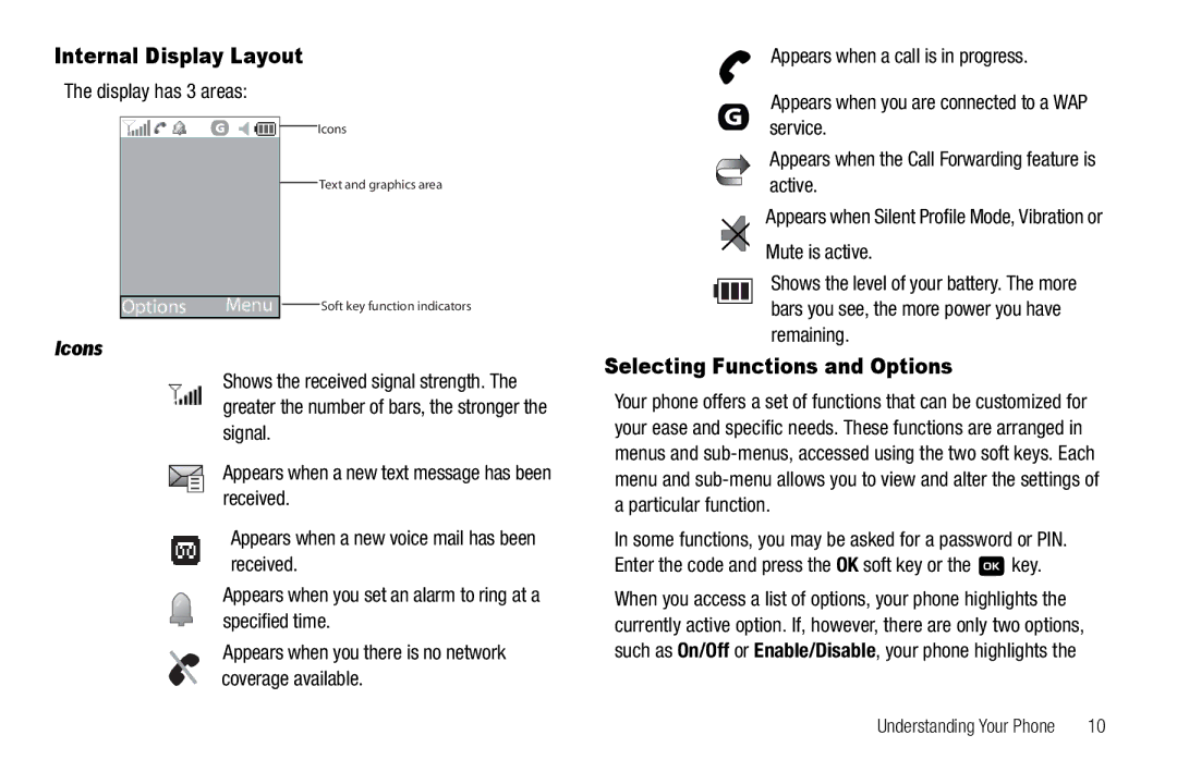 Samsung GH68-18879A user manual Internal Display Layout, Selecting Functions and Options, Display has 3 areas, Icons 