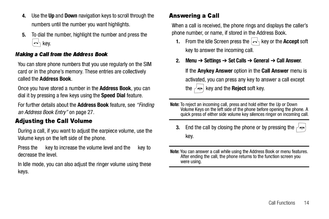 Samsung GH68-18879A user manual Adjusting the Call Volume, Answering a Call, Making a Call from the Address Book 