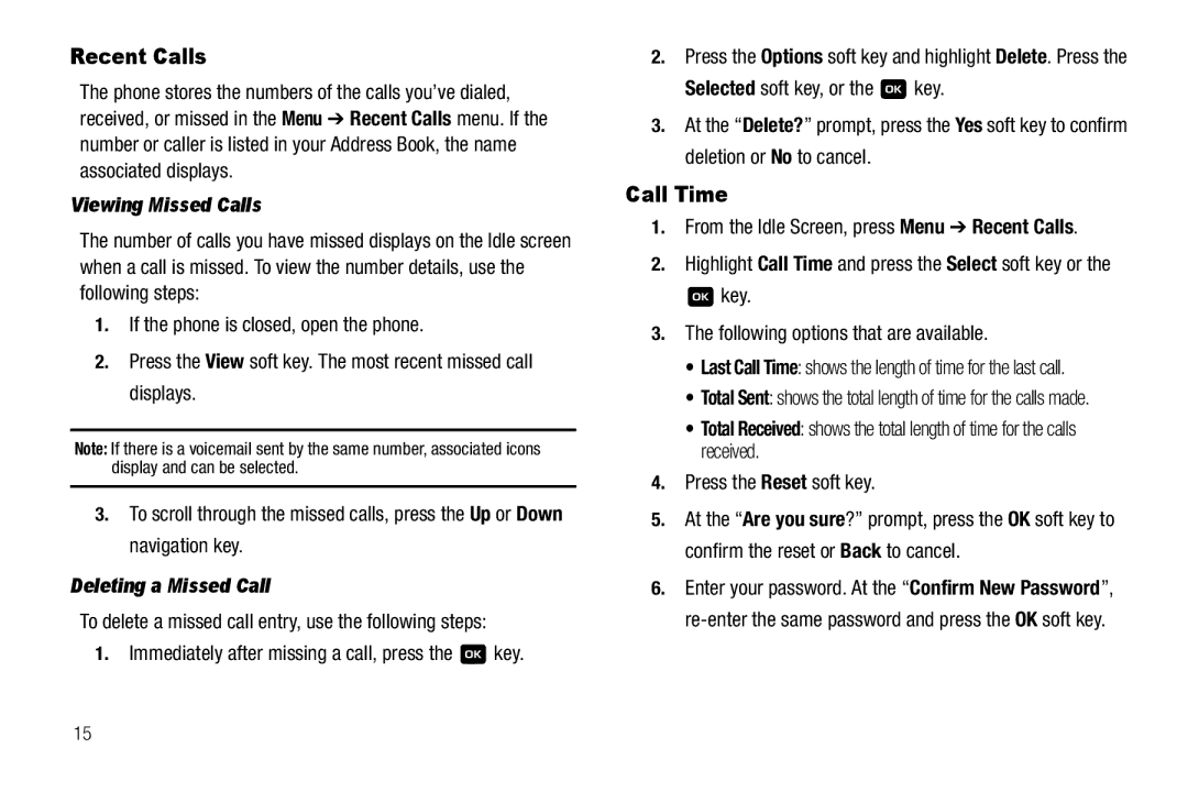 Samsung GH68-18879A user manual Recent Calls, Call Time, Viewing Missed Calls, Deleting a Missed Call 