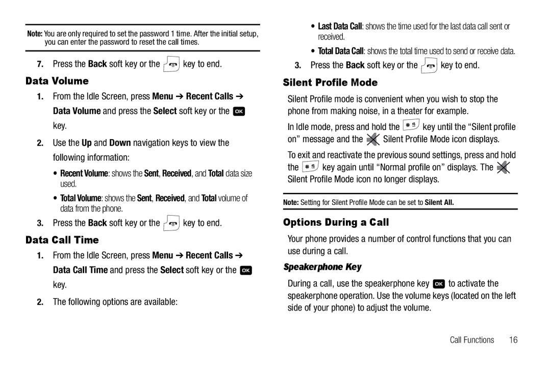 Samsung GH68-18879A user manual Data Volume, Data Call Time, Silent Profile Mode, Options During a Call, Speakerphone Key 