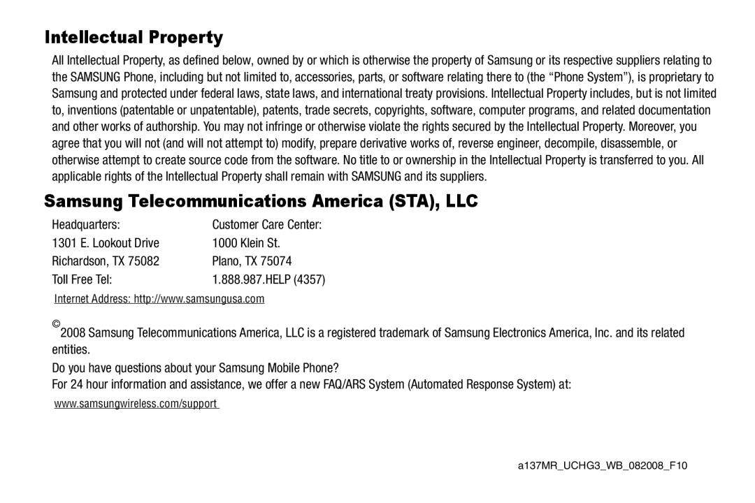 Samsung GH68-18879A user manual Intellectual Property, Headquarters 