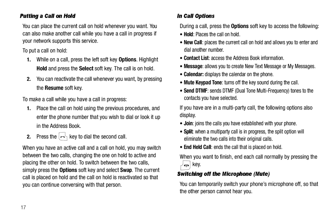 Samsung GH68-18879A user manual Putting a Call on Hold, Call Options, Switching off the Microphone Mute 