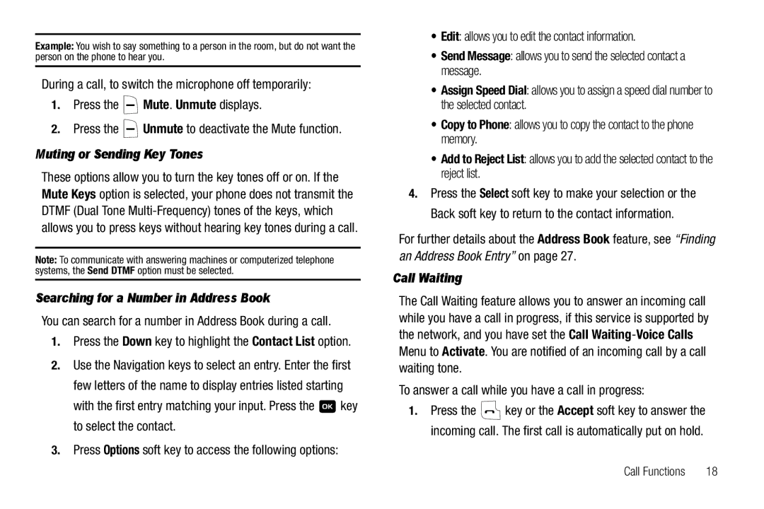 Samsung GH68-18879A user manual Muting or Sending Key Tones, Searching for a Number in Address Book, Call Waiting 