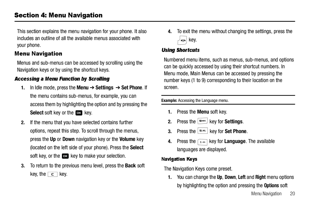 Samsung GH68-18879A user manual Menu Navigation, Accessing a Menu Function by Scrolling, Using Shortcuts 