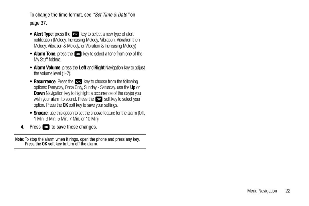 Samsung GH68-18879A user manual To change the time format, see Set Time & Date on, Press to save these changes 