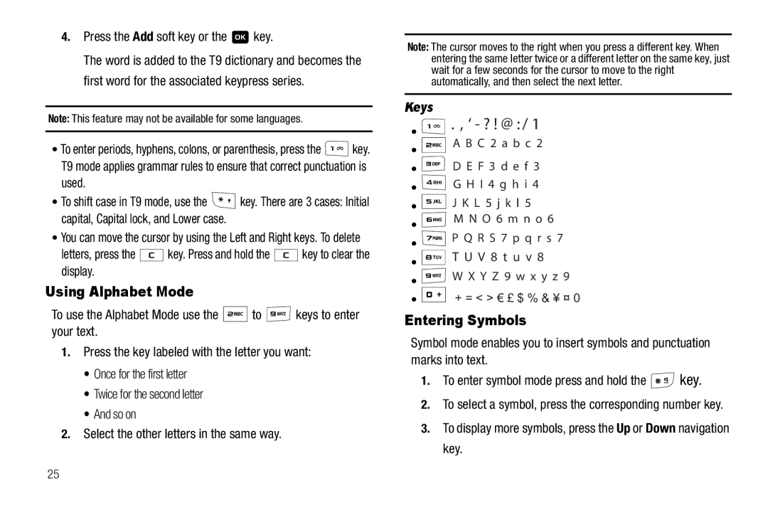 Samsung GH68-18879A user manual Using Alphabet Mode, Entering Symbols 