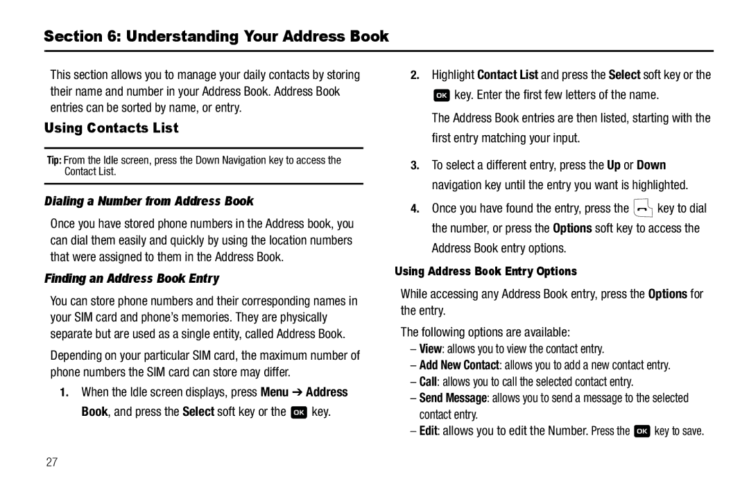 Samsung GH68-18879A user manual Understanding Your Address Book, Using Contacts List, Dialing a Number from Address Book 