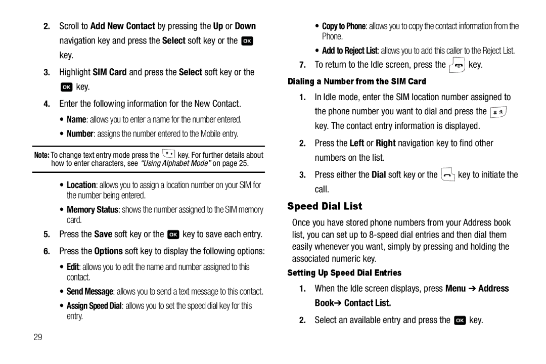 Samsung GH68-18879A user manual Speed Dial List, Select an available entry and press the key 