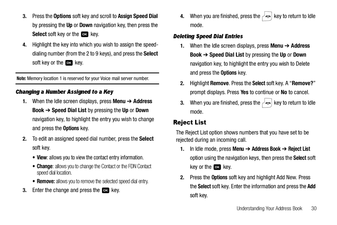 Samsung GH68-18879A user manual Reject List, Changing a Number Assigned to a Key, Deleting Speed Dial Entries 