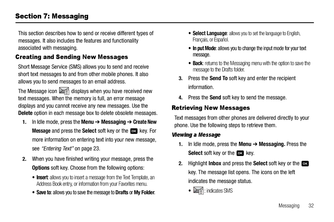 Samsung GH68-18879A user manual Messaging, Creating and Sending New Messages, Retrieving New Messages, Viewing a Message 