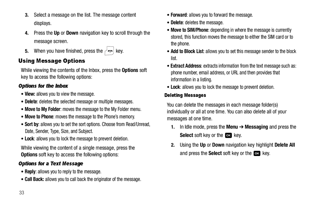 Samsung GH68-18879A user manual Using Message Options, Options for the Inbox, Options for a Text Message 