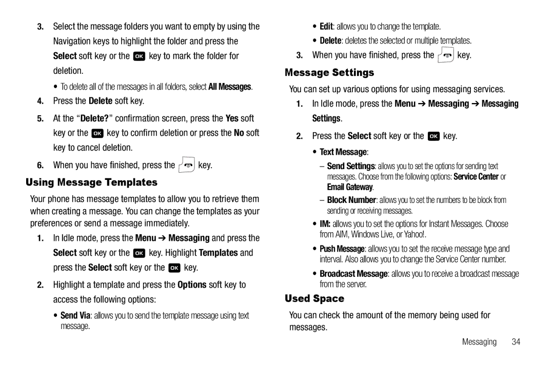 Samsung GH68-18879A user manual Using Message Templates, Message Settings, Used Space, Text Message 