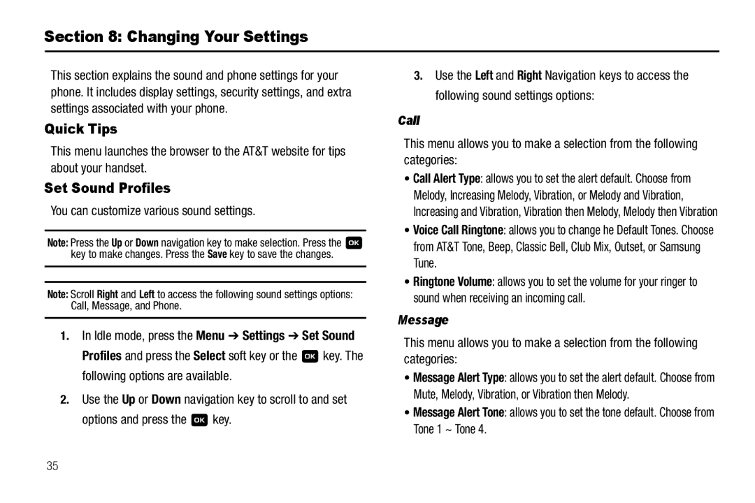 Samsung GH68-18879A user manual Changing Your Settings, Quick Tips, Set Sound Profiles, Call, Message 