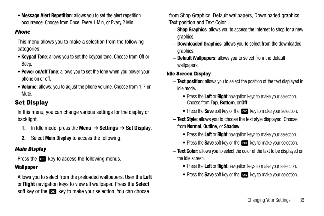 Samsung GH68-18879A user manual Set Display, Phone, Select Main Display to access the following 