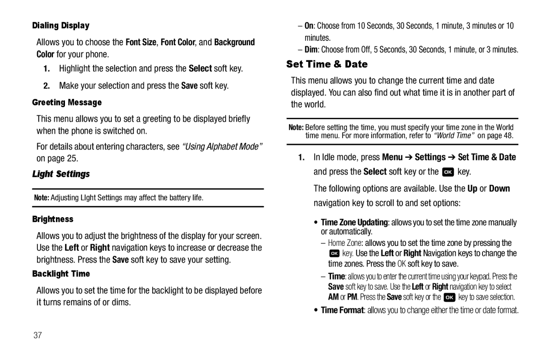 Samsung GH68-18879A user manual Set Time & Date, Make your selection and press the Save soft key, Light Settings 