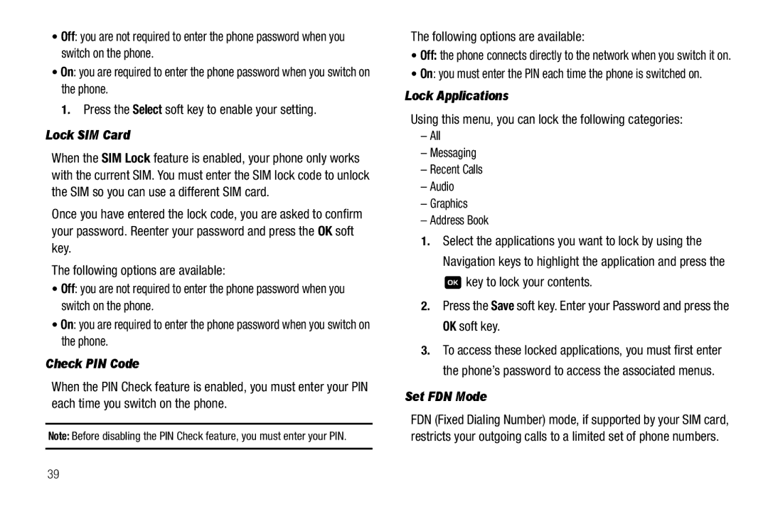 Samsung GH68-18879A user manual Lock SIM Card, Check PIN Code, Lock Applications, Set FDN Mode 