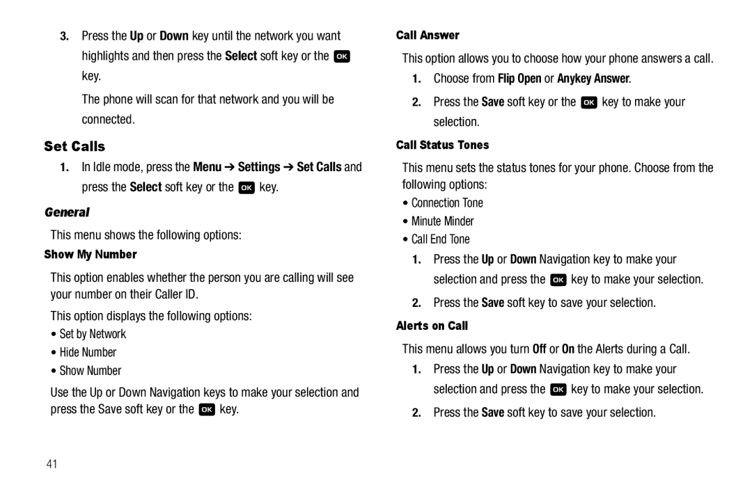 Samsung GH68-18879A user manual Set Calls, General, Choose from Flip Open or Anykey Answer 