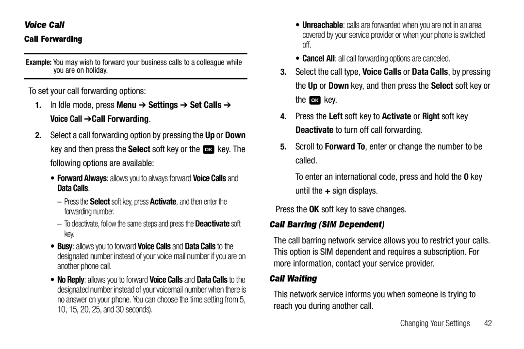 Samsung GH68-18879A user manual Voice Call, To set your call forwarding options, Call Barring SIM Dependent 