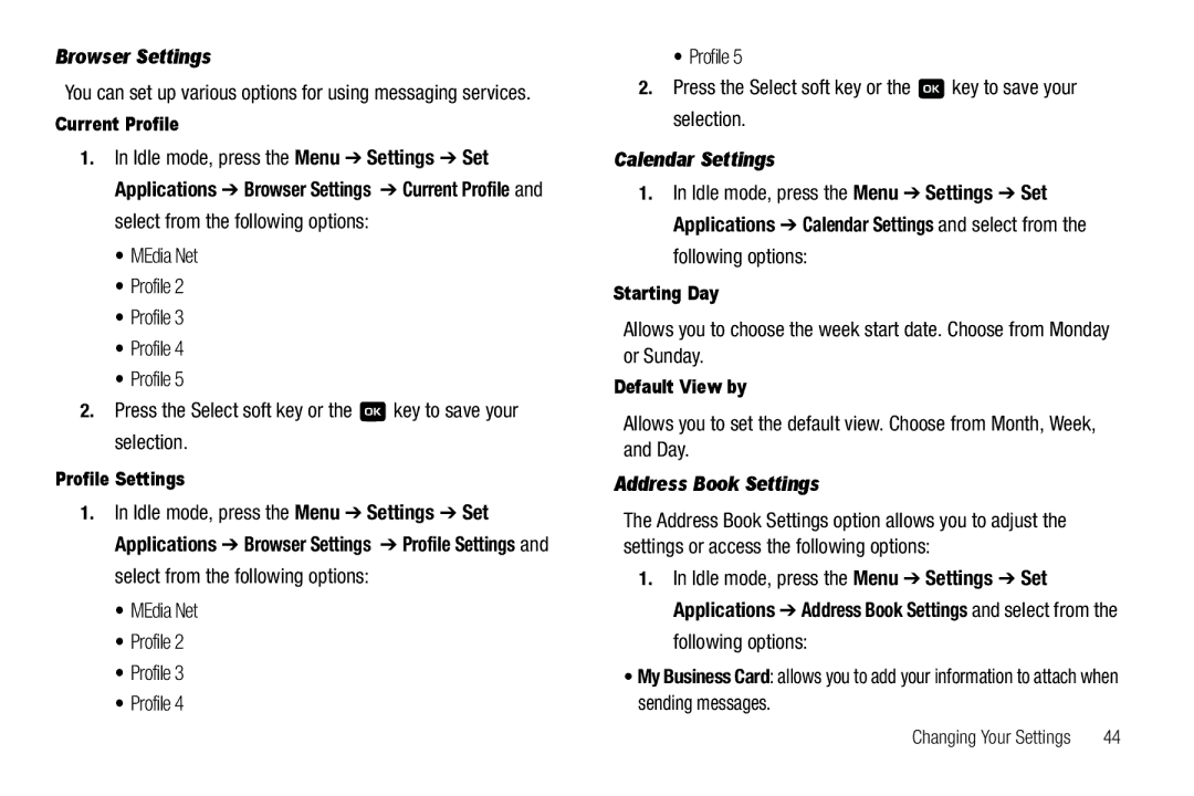 Samsung GH68-18879A user manual Browser Settings, Calendar Settings, Address Book Settings 