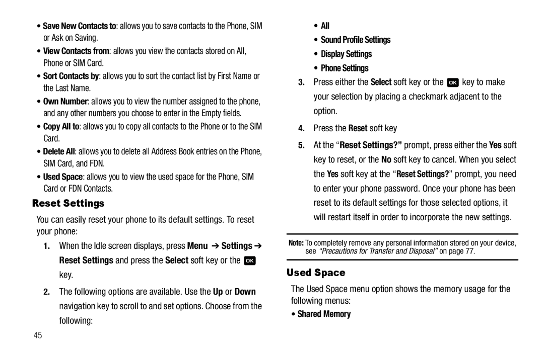 Samsung GH68-18879A user manual Reset Settings, All Sound Profile Settings Display Settings Phone Settings, Shared Memory 