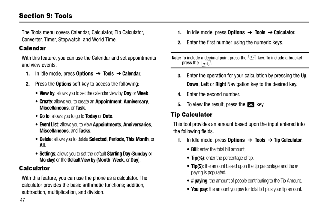 Samsung GH68-18879A user manual Tools, Calendar, Tip Calculator 