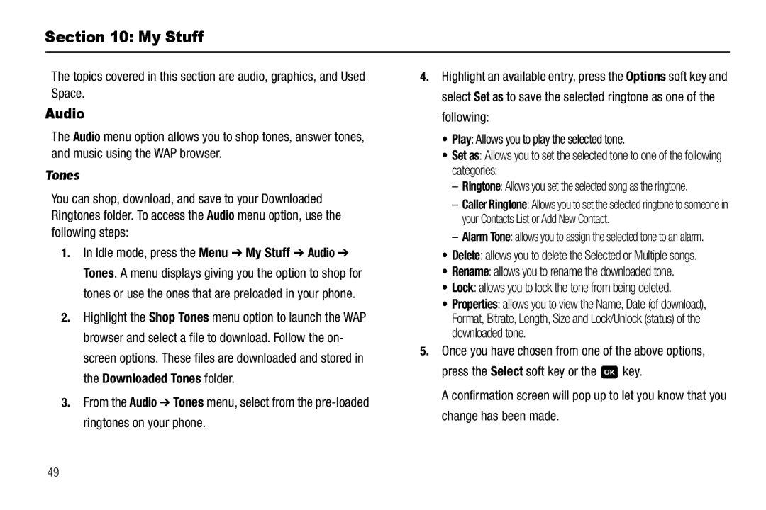 Samsung GH68-18879A user manual My Stuff, Audio, Tones, Once you have chosen from one of the above options 