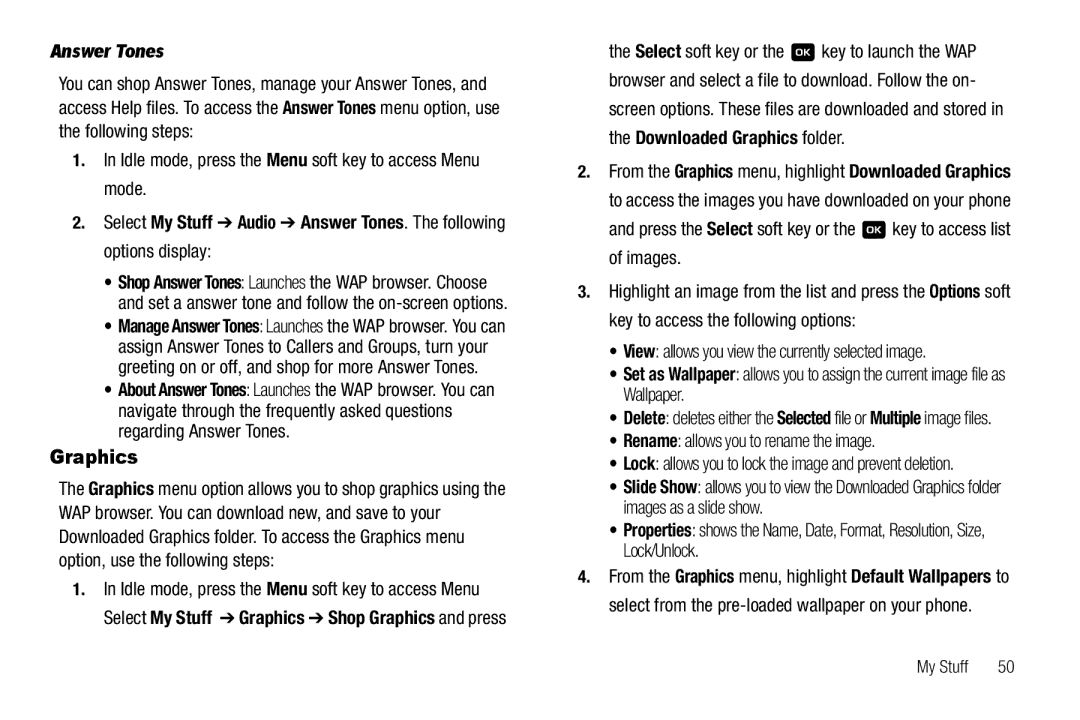 Samsung GH68-18879A user manual Graphics, Answer Tones, Idle mode, press the Menu soft key to access Menu mode 