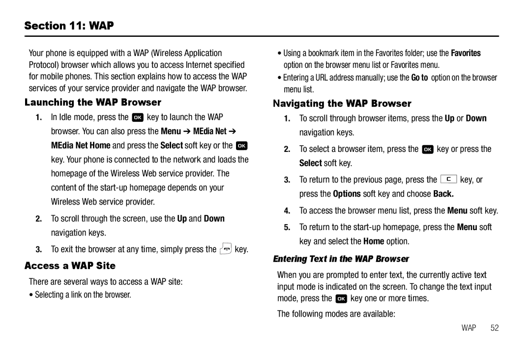 Samsung GH68-18879A user manual Wap, Launching the WAP Browser, Access a WAP Site, Navigating the WAP Browser 