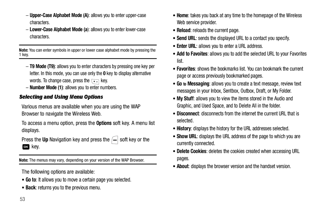 Samsung GH68-18879A user manual Selecting and Using Menu Options, Go to It allows you to move a certain page you selected 