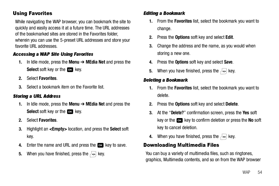 Samsung GH68-18879A user manual Using Favorites, Downloading Multimedia Files 