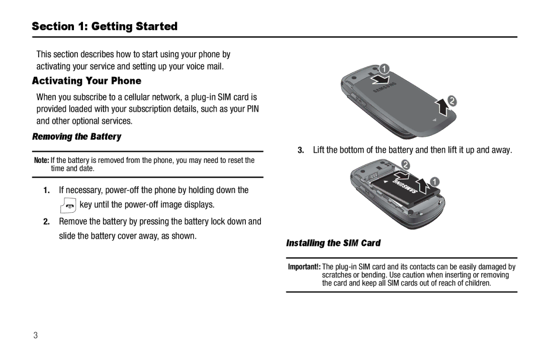 Samsung GH68-18879A Getting Started, Activating Your Phone, Removing the Battery, Key until the power-off image displays 