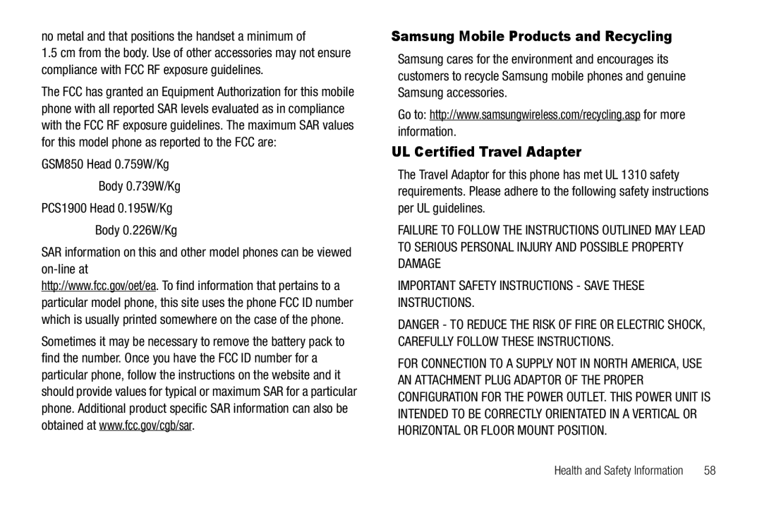 Samsung GH68-18879A user manual Samsung Mobile Products and Recycling, UL Certified Travel Adapter 