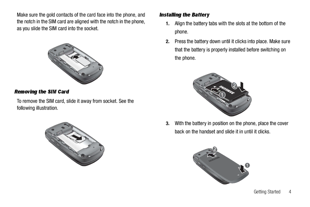 Samsung GH68-18879A user manual Removing the SIM Card, Installing the Battery 