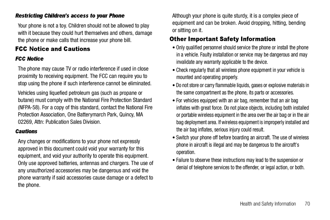 Samsung GH68-18879A user manual FCC Notice and Cautions, Other Important Safety Information 