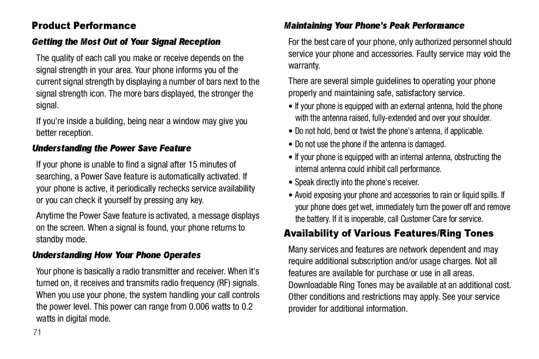 Samsung GH68-18879A user manual Product Performance, Availability of Various Features/Ring Tones 