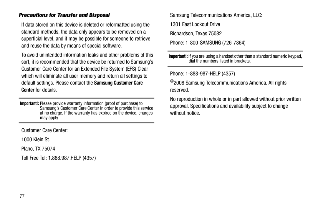 Samsung GH68-18879A user manual Precautions for Transfer and Disposal 