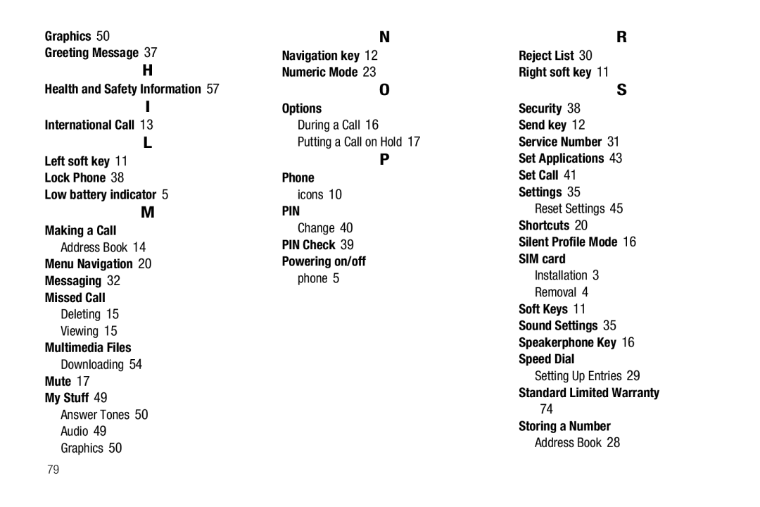 Samsung GH68-18879A user manual Menu Navigation Messaging Missed Call, Multimedia Files, Mute My Stuff, Phone 